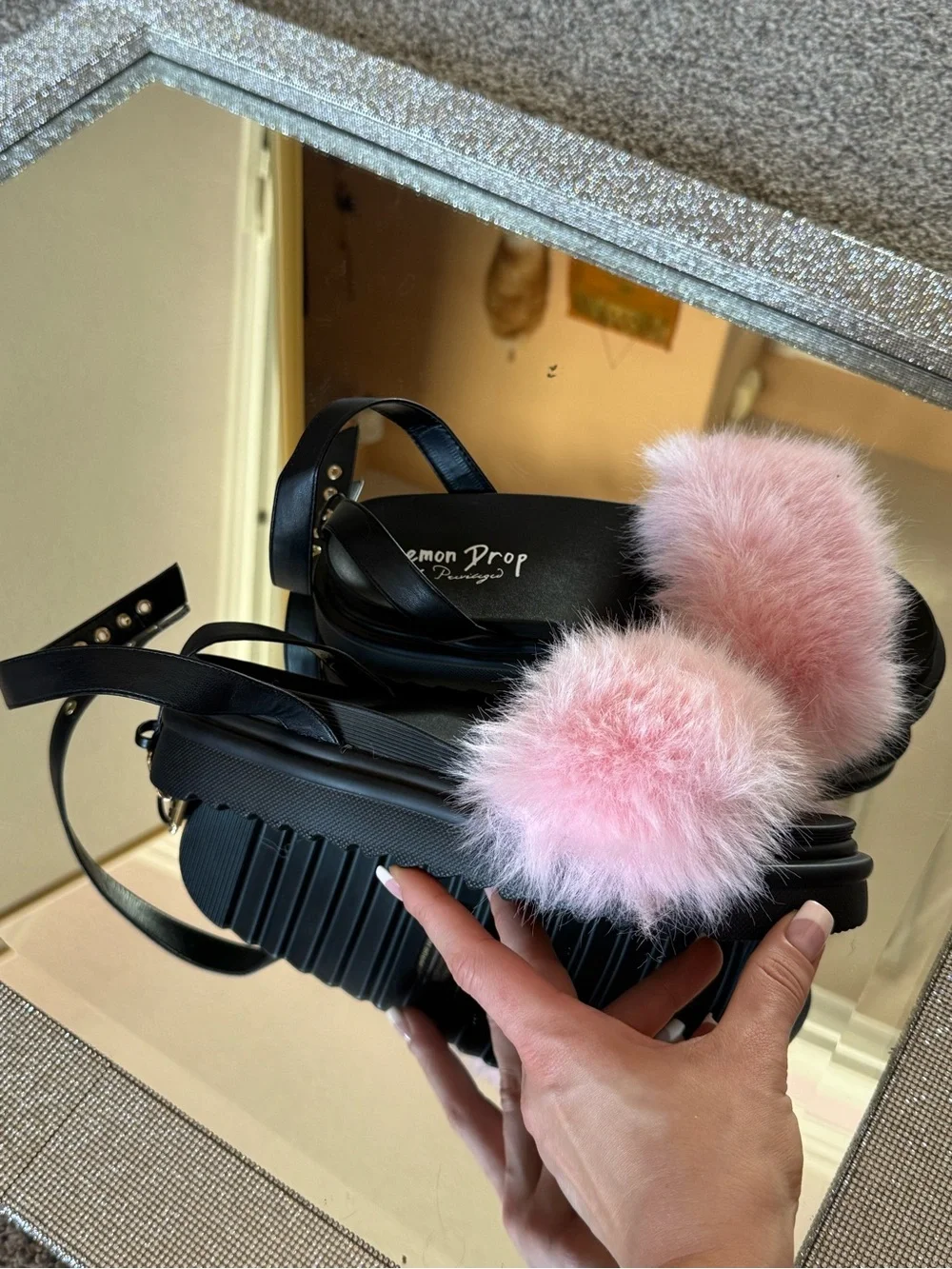 Dolls Kill Black Platform Sandals with Pink Faux Fur